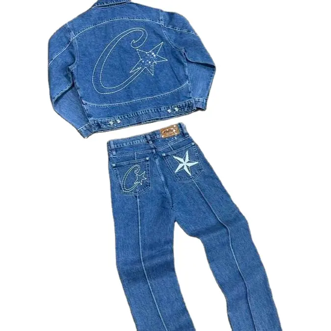 DENIMGUY Traje de jeans personalizado de dos piezas Conjunto de jeans Conjunto de chaqueta de mezclilla con estampado lavado Conjuntos de jeans azules para hombres