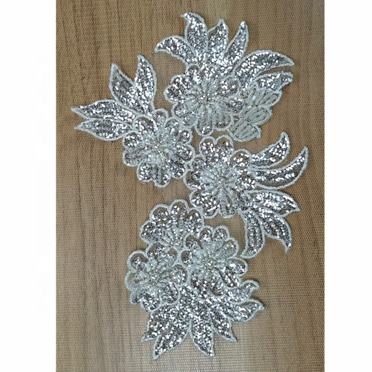 Shinning popular french embroidery flowers sequin patches applique for bridal wedding party dress