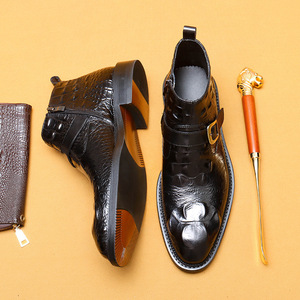 Men's leather crocodile print trendy business formal dress British <b>pointed</b>-toe zipper high-top shoes - Product Image 1