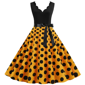Abito Lungo Vintage da Donna con Stampa a <span class=keywords><strong>Pois</strong></span>, Scollo a V, Linea ad A, Stile Retrò Estivo Casual, Vendita all'Ingrosso OEM ODM - Product Image 1