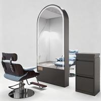 Mobilier de salon de coiffure : Poste de coiffage double face avec miroir doré éclairé par LED, table et rangement à tiroirs