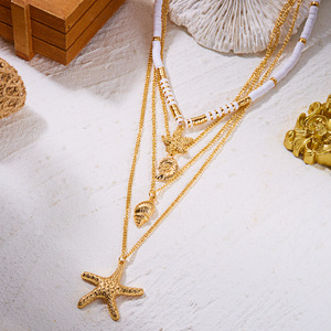Nouveau collier bohème d'été plaqué or 18 carats multicouche avec pendentif étoile <span class=keywords><strong>de</strong></span> mer, coquillage et perle, chaîne perlée blanche, bijoux <span class=keywords><strong>de</strong></span> vacances pour femme - Product Image 6