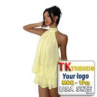 Gaun Liburan Pantai Pendek Bahan Sifon Model Halter Neck A-line High Waist Seksi Gaya Sanya Eropa/Amerika untuk Pesta Teh