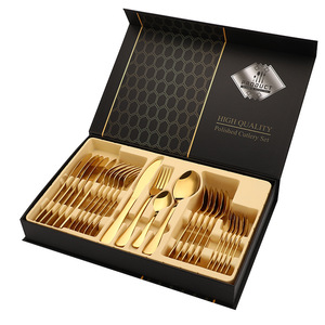 Hot selling amazon luxury 1010 stainless steel 24 pcs gold cutlery set silverware with gift box case wholesale