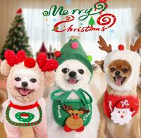 Ensemble 3-en-1 de Noël pour animaux de compagnie : chapeau, bavoir et collier en polyester imprimé Père Noël et renne pour petits chiens – Costume de fête hivernal