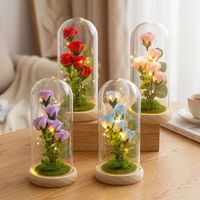 Lampe LED Rose Éternelle Multicolore Chaude sous Cloche en Verre, Ornement Floral sur Socle en Bois, Antichoc, pour Intérieur/Extérieur, Cadeau de Saint-Valentin pour la Maison