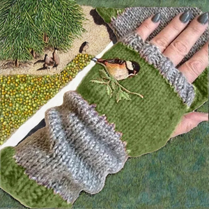 Womens Vintage Cotton Half Finger Gloves Color Block Birds Embroidery Stretchy Thick Warmer Knitted Fingerless Gloves Outdoor - Product Image 3