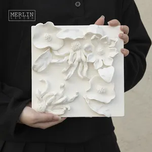 Merlin Living Handmade Ceramic White Color Flower Art Wall Decorations Board Ceramic Home Decor Wall Chaozhou Ceramic Factory