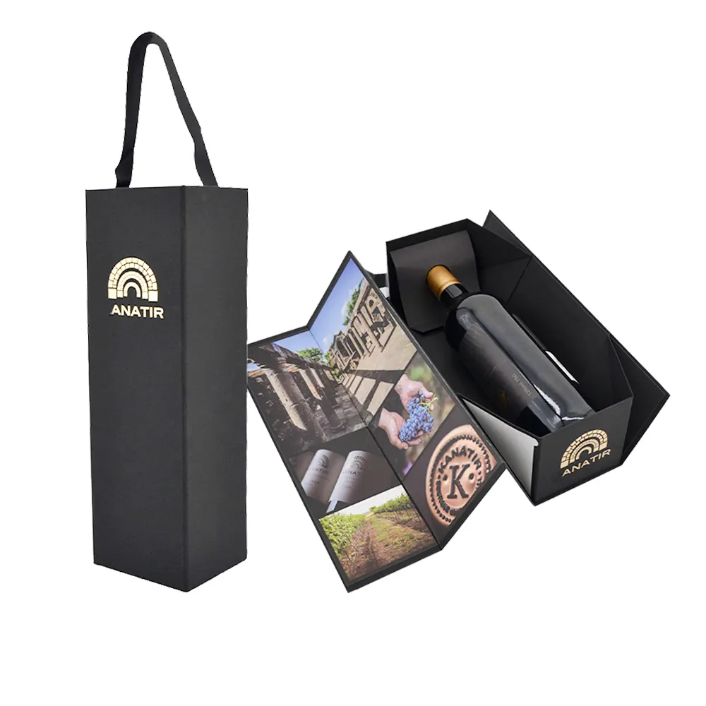 Wholesale custom luxury cardboard paper magnetic folding single whisky red wine bottle gift packaging box