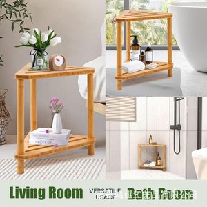 Bathroom Stool Bamboo Corner Double Layer Fan Shaped <b>Storage</b> <b>Rack</b> For <b>Shower</b> With Natural Wood Color - Product Image 3