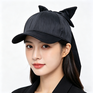 Your Brand <b>Black</b> for Ear Bow <b>Baseball</b> <b>Cap</b> Fashionable Soft Polyester/Cotton Pleated Satin with Long Tail Ribbon for Unisex - Product Image 1