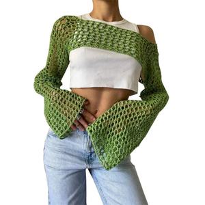Vente en gros de hauts courts pour femmes, personnalisés, de haute qualité, sexy, dos nu, ajourés, style boléro, à manches longues, en tricot et crochet, coupe smock - Product Image 1