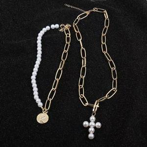 Vintage Pearl <b>Cross</b> Coin Pendant Necklace Women's Multi-layer Short <b>Chain</b> Gold White K Everyday Wear Geometric Design - Product Image 3