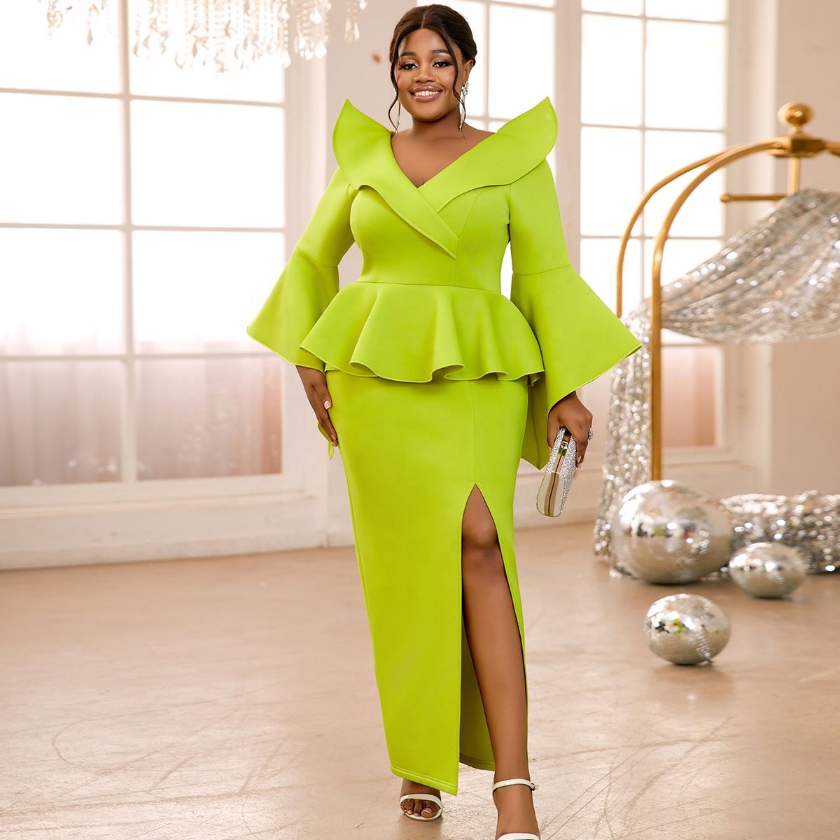Yellow Peplum Office Dress Black Long Sleeve Peplum Dress Fashionable  Stylish