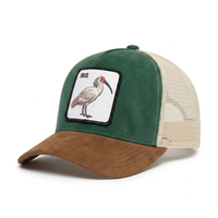 Gorra de béisbol vintage de gamuza neutra con parche de animal, bicolor, con malla trasera, snapback, etiqueta tejida personalizada, tipo trucker