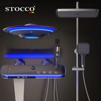 Système de douche cascade LED gris anthracite de luxe STOCCO avec contrôle thermostatique, ensemble de douche pluie à changement de couleur en laiton pour hôtel