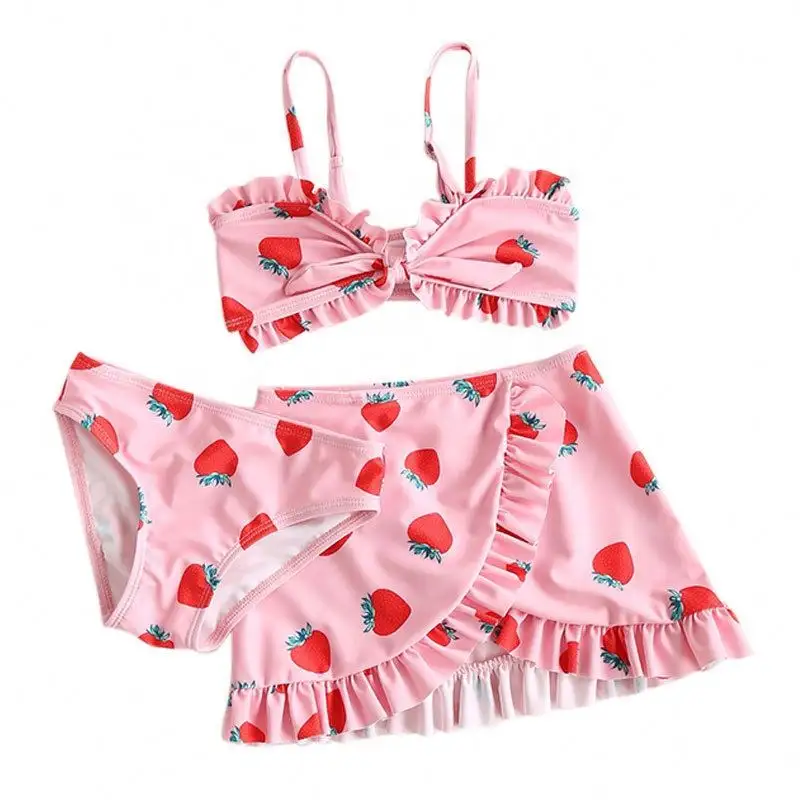 Boutique Maillot de bain trois pièces d'été pour filles Bikini en soie de lait à imprimé floral de couleur pure avec manches mouche Maillot de bain pour jeune fille