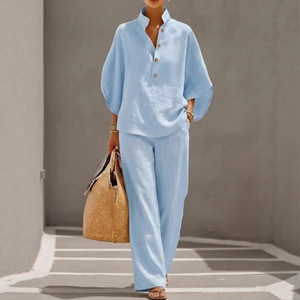 Women's <b>Linen</b> Shirt <b>Set</b> Solid Color Loose Fit Casual Suit For Daily Wear SMLXLXXLXXXL4XL5XL - Product Image 4