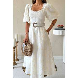 Vestido Casual de Fiesta Tejido Transpirable con Cuello Redondo y Cintura Natural, Línea A, Bordado en Color Blanco Hueso, Venta al por Mayor - Product Image 2