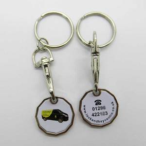 Gantungan kunci koin troli Supermarket UK kustom LOGO cetak UV gantungan kunci tempat koin logam Eropa untuk kereta belanja - Product Image 1