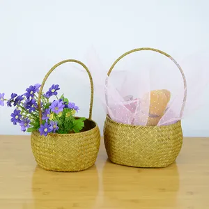 Cesta de Pascua de hierba de mar natural tejida a mano, pequeña, forma ovalada