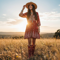 WETKISS Vente en gros Bottes d'été florales pour femmes, bottes de cowgirl à talon épais, bottes hautes rouges à bout pointu avec rivets