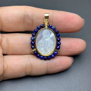 Colgante de medallón con piedra de ágata envuelta, oro de 18k, chapado en oro, concha de perla Madre, Virgen Marí<span class=keywords><strong>a</strong></span>, Señora de Guadalupe - Product Image 4