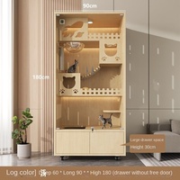 Maison de luxe pour chat en bois massif, vue panoramique, design tout-en-un à trois étages, forme rectangulaire, motif grain de bois, structure d'escalade pour chat