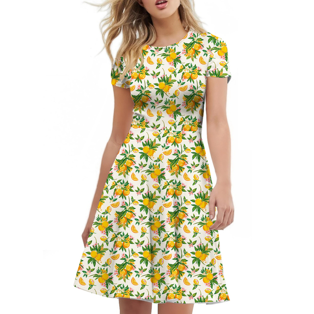 Plus Size Women Big Lady Elegant Casual Summer Fruit Lemon Oranges Flower Banana Print Dresses Short Sleeve Evening Party Dress