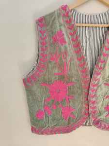 Classic Art Craft Handmade Eco-Friendly Reversible Breathable Velvet Bomber <b>Jacket</b> Suzani Embroidery <b>Short</b> <b>Sleeve</b> Boho Floral - Product Image 3