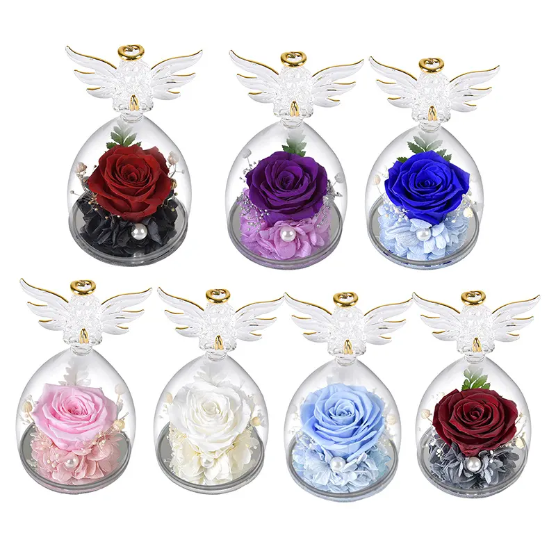 UO Wholesale Beauty Mothers Day Eternal Preserved Flower Cute Rose Flower in Glass Angel Figurines Gift for Women Mom