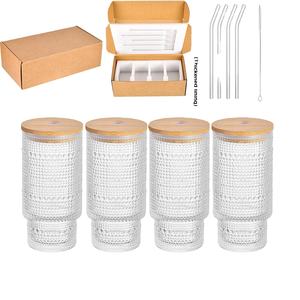 Ensemble de verres empilables à motif vertical pour jus de fruits, whisky, bière, avec couvercle en bois et paille, tasse à café - Product Image 1