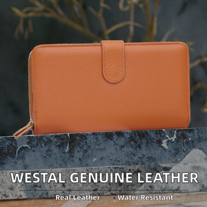 Portefeuille long en cuir véritable pour femme, porte-cartes de crédit, fermeture éclair étanche, fermeture à fermoir, sac à main en polyester, pochette pour téléphone portable - Product Image 2