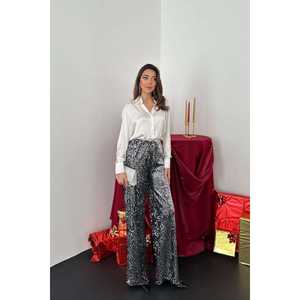 Wholesale Canvas <b>Trousers</b> Elastic High-Waist <b>Black</b> Silver <b>Sequins</b> Loose Fit Formal Pattern Autumn XL Breathable Colored-Wash - Product Image 3