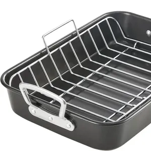 Non-Stick Baking Pan with Rack 15 x 11 inches - Turkey Roasting Baking Pan for Oven, Gray