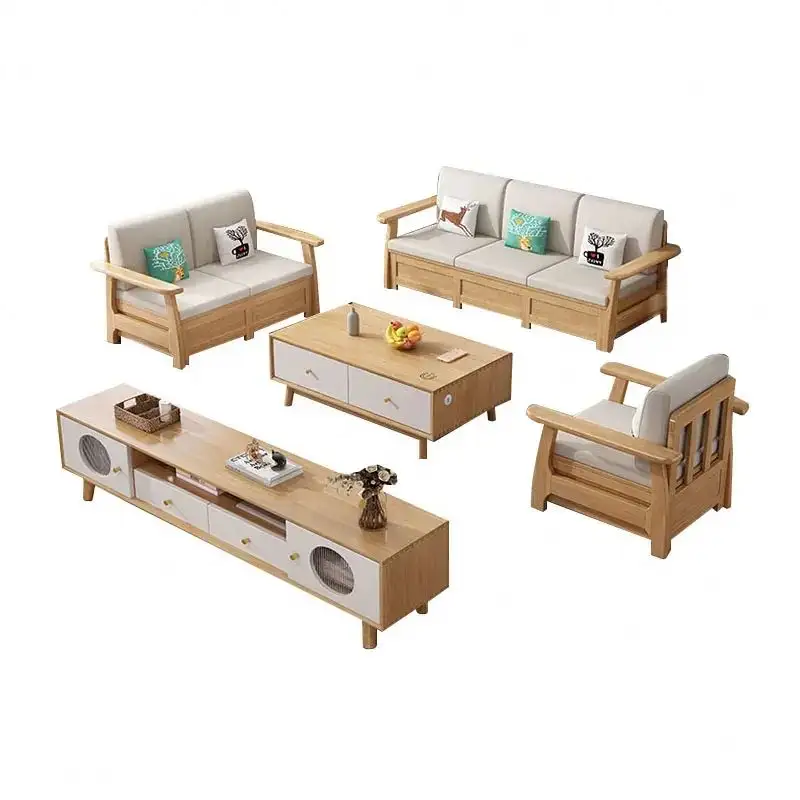 Combinaison de canapé en bois massif nordique princesse nouveau canapé d'angle chinois moderne simple petit appartement salon canapé en tissu