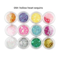 SunelPort Lentejuelas Francesas 3D de Lujo para Uñas, Formas de Corazón y Estrella, 12 Colores Brillantes, Película Hueca, Sombra de Maquillaje Color Durazno Rojo