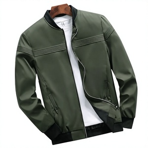 Blouson bomber à capuche vert olive pour homme, col montant, fermeture éclair, coupe-vent, décontracté, en cuir, coupe classique, pour l'automne - Product Image 3