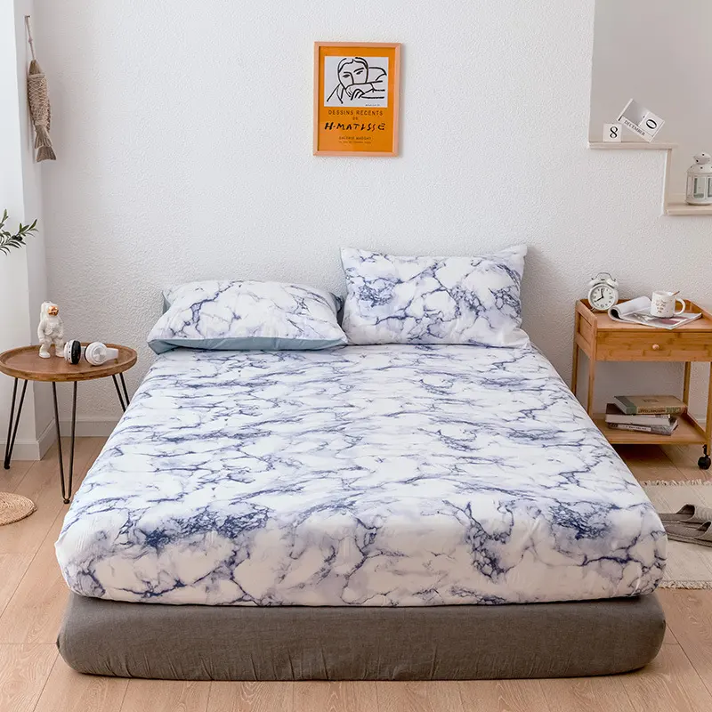 Vente en gros Couvre-lit moderne de luxe à imprimé géométrique en marbre Drap-housse 3pcs Parure de lit