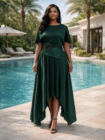 Ensemble deux pièces pour femme en 100 % polyester à ourlet asymétrique - Col ras du cou, taille ornée de roses 3D et jupe fluide