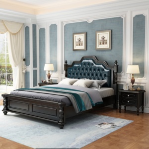Luxury Dark Blue Tufted Upholstered King Size Bed, Classic Solid Wood <b>Double</b> Bed <b>Frame</b> for Bedroom Furniture - Product Image 5