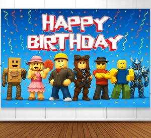 สุขสันต์วันเกิด ฉากหลังสีน้ำเงิน ตัวละครเกมโรบล็อกซ์ ฉากถ่ายภาพ ป้ายภาพถ่ายงานปาร์ตี้ ตกแต่ง ปรับแต่งได้ - Product Image 1