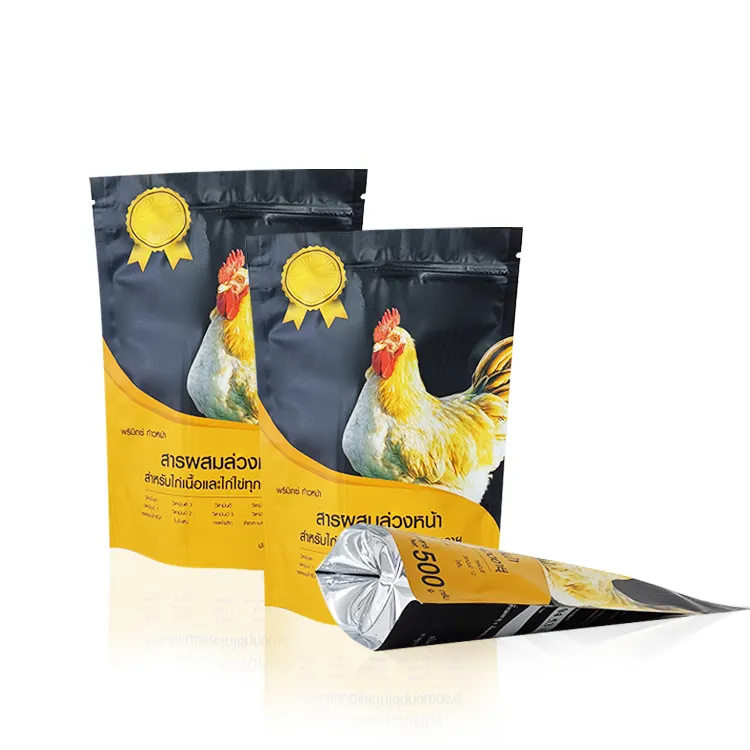 Feuille d'aluminium avec impression personnalisée pochette debout de qualité alimentaire pour aliments pour poulet sac en plastique zip-lock mylar anti-odeur