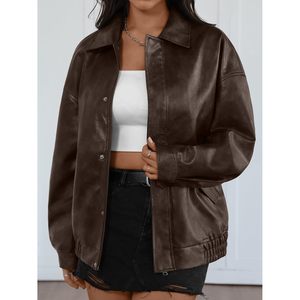Women's Oversized Faux <b>Leather</b> Bomber <b>Jacket</b> Full Sleeve Windproof Autumn <b>Winter</b> Spring Coat - Product Image 2