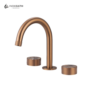 حنفية حوض من الفولاذ المقاوم للصدأ 304 مثبتة على السطح بثلاث فتحات ومقبضين من اليشم ومخرج مزدوج بتصميم كورلنغ بلون ذهبي وردي مصقول - Product Image 1