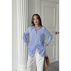 Camisa Larga a Rayas Azules para Mujer, Blusa Informal de Popelina con Botones, para Uso Diario - Product Image 3