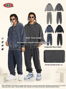 Conjunto de dos piezas para hombre marca Tide, otoño 2026, de tela pesada de 420G, 100% algodón, con pantalones de pierna ancha lavados y conjunto con capucha, color liso. - Product Image 5