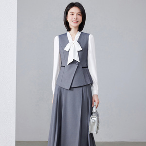 Women's Professional Vest Suit Set Gray Midi Skirt Formal Work Wear Business Interview Commute Uniform - Product Image 2