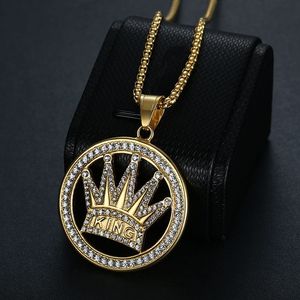 yunnique <b>King</b> <b>Crown</b> Round Pendant Necklace Stainless Steel Gold Plated Rhinestone Men's Hip Hop Jewelry Gift - Product Image 2