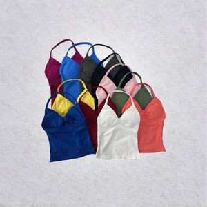 Women's Custom Logo Front Gym <b>Tops</b> Longline <b>Strappy</b> Backless Quick Dry Scrunch Built-In Bra Removable Cups Yoga Tank Styles - Product Image 2